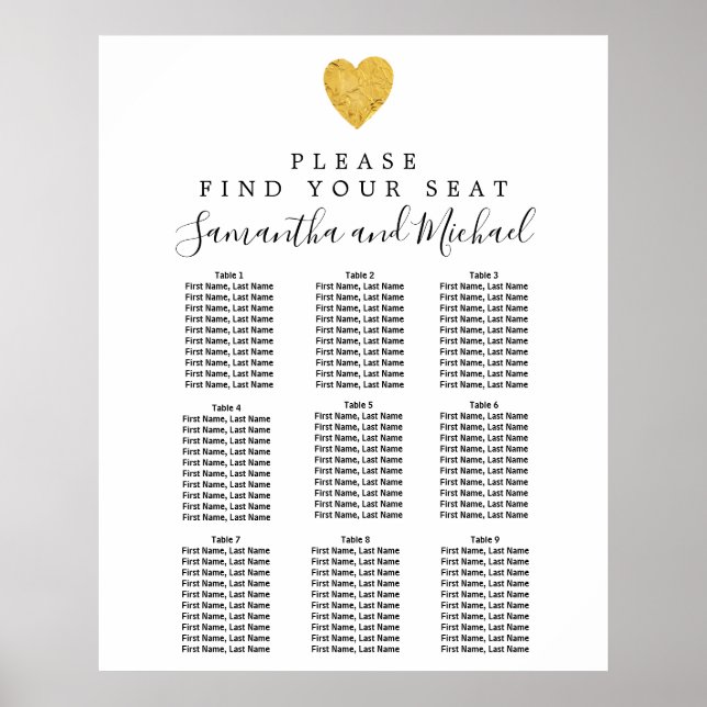 Poster Carte de siège Mariage Gold Foil Heart 9 tables (Devant)