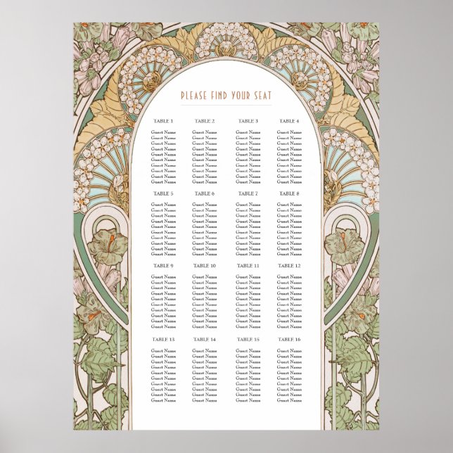 Poster Carte de siège Mariage inspirée de l'Art Nouveau (Devant)