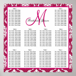 Poster Carte de siège Mariage modèle Fuchsia rose Damask
