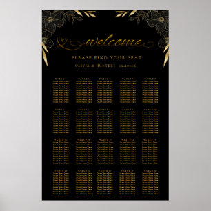 Poster Carte de siège Mariage noir et or simple et élégan