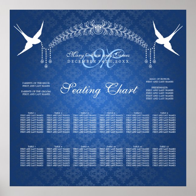 Poster Carte de siège mariage Oiseaux Monogramme Bleu (Devant)