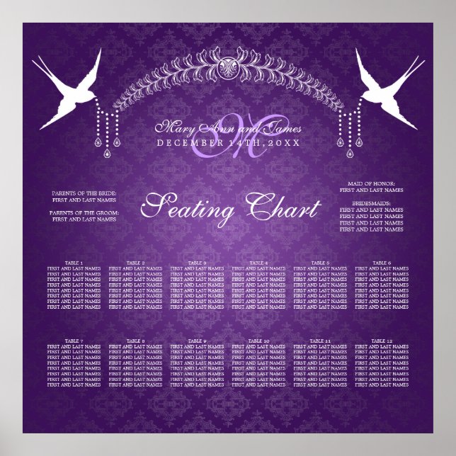 Poster Carte de siège mariage Oiseaux Monogramme violet (Devant)