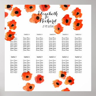 Poster Carte de siège Mariage pour fleurs de pavot à ress