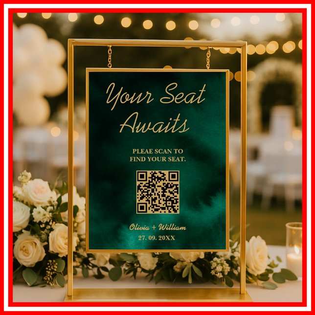 Poster Carte de siège mariage QR Emerald Green & Gold Sig (Créateur téléchargé)