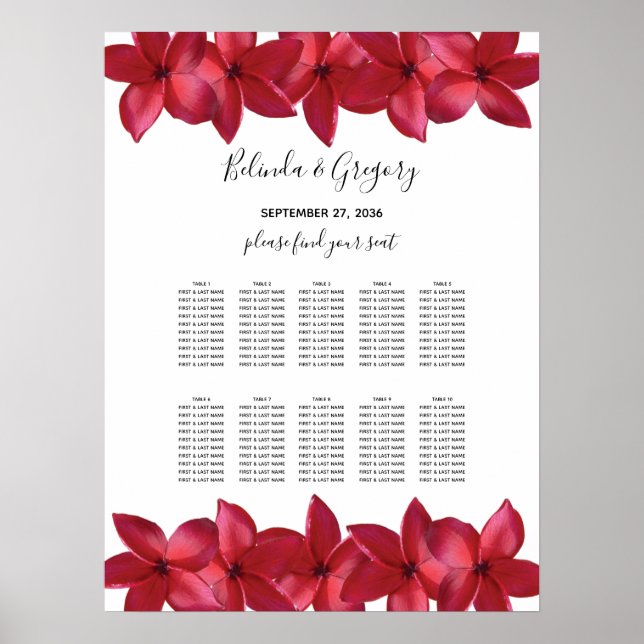 Poster Carte de siège Mariage Red Plumeria Frangipani (Devant)