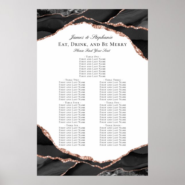 Poster Carte de siège Mariage rose Gold Black Agate (Devant)