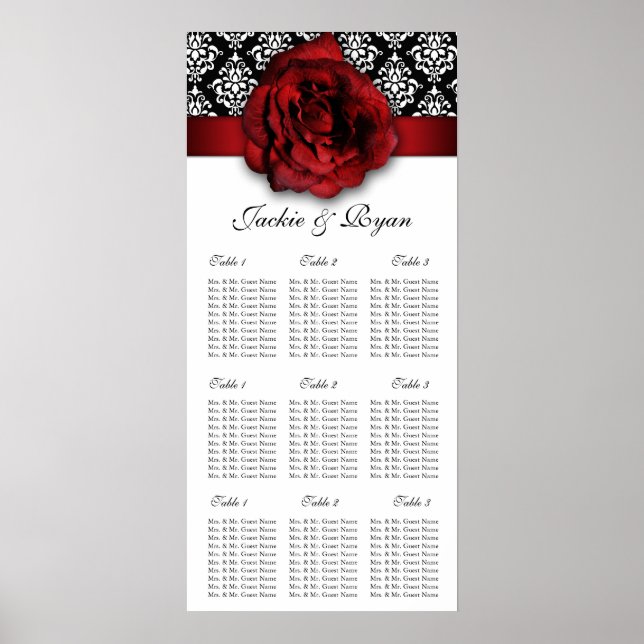 Poster Carte de siège mariage Rose rouge Damask (Devant)