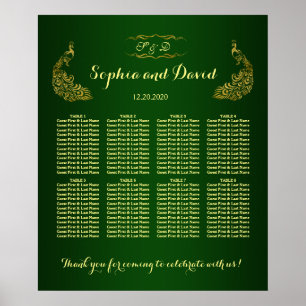 Poster Carte de siège Mariage Royal Green Gold Peacock