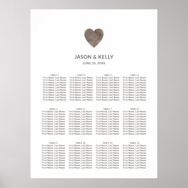Poster Carte de siège Mariage Rustique Wood Heart (Devant)