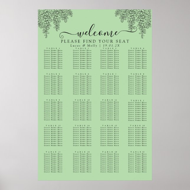Poster Carte de siège Mariage Sage Green Fern (Devant)