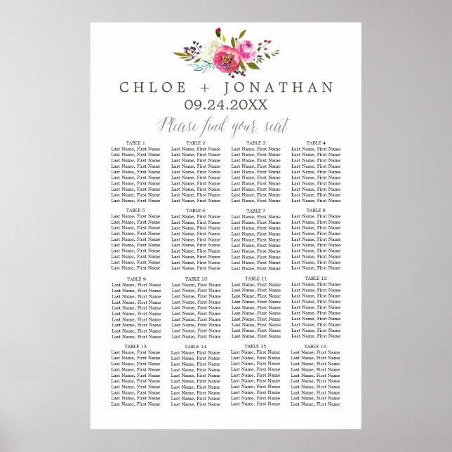 Poster Carte de siège Mariage simple Bouquet d'aquarelle (Devant)