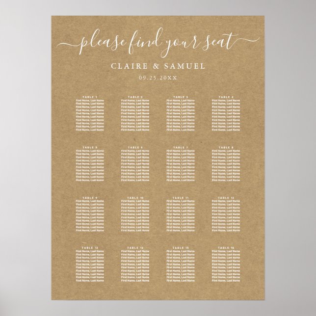 Poster Carte de siège Mariage simple Faux Rustic Kraft (Devant)