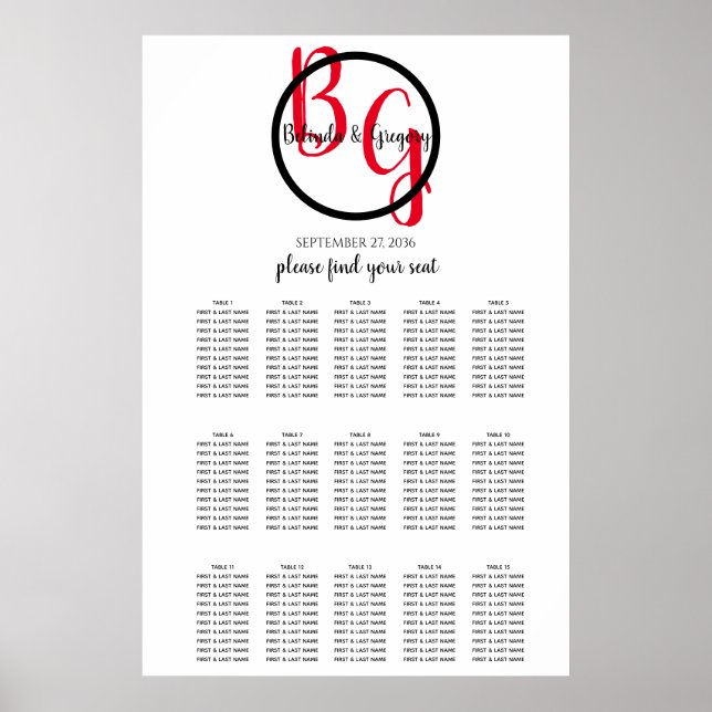 Poster Carte de siège Mariage simple personnalisée Initia (Devant)
