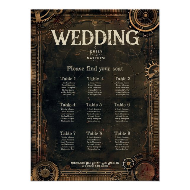 Poster Carte de siège Mariage Steampunk Noir Affair (Devant)