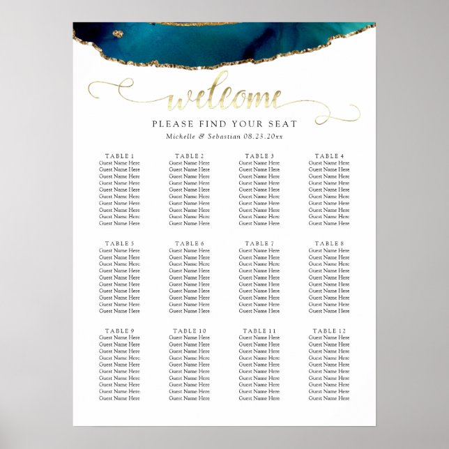 Poster Carte de siège Mariage turquoise Aquarelle Or Agat (Devant)