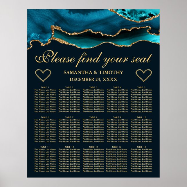 Poster Carte de siège Mariage turquoise Gold Faux Parties (Devant)