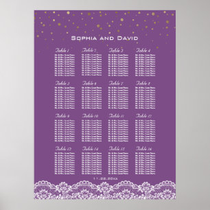 Poster Carte de siège Mariage violet Lace Gold Confetti