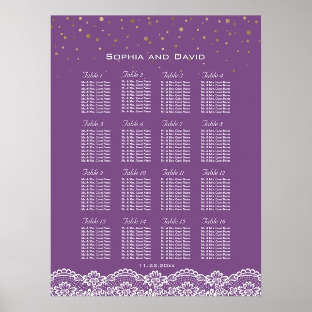 Poster Carte de siège Mariage violet Lace Gold Confetti (Devant)