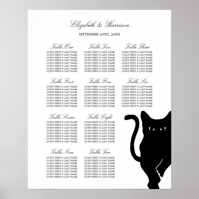 Poster Carte de siège Mariage Whimsical Black Cat moderne (Devant)