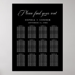 Poster Carte de siège noir élégant pour mariage délicat