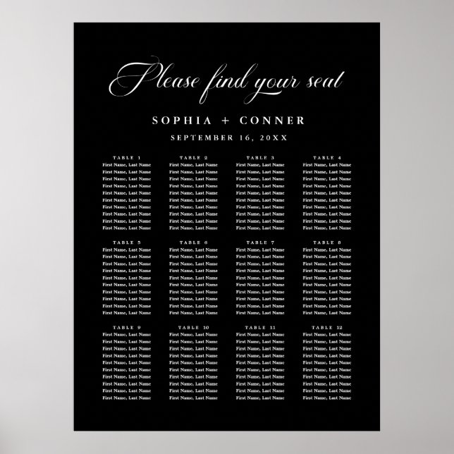 Poster Carte de siège noir élégant pour mariage délicat (Devant)