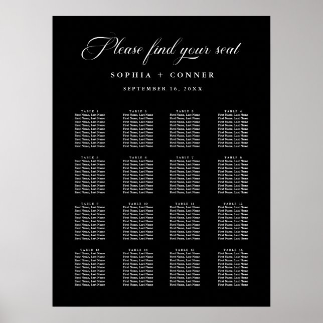 Poster Carte de siège noir élégant pour mariage délicat (Devant)