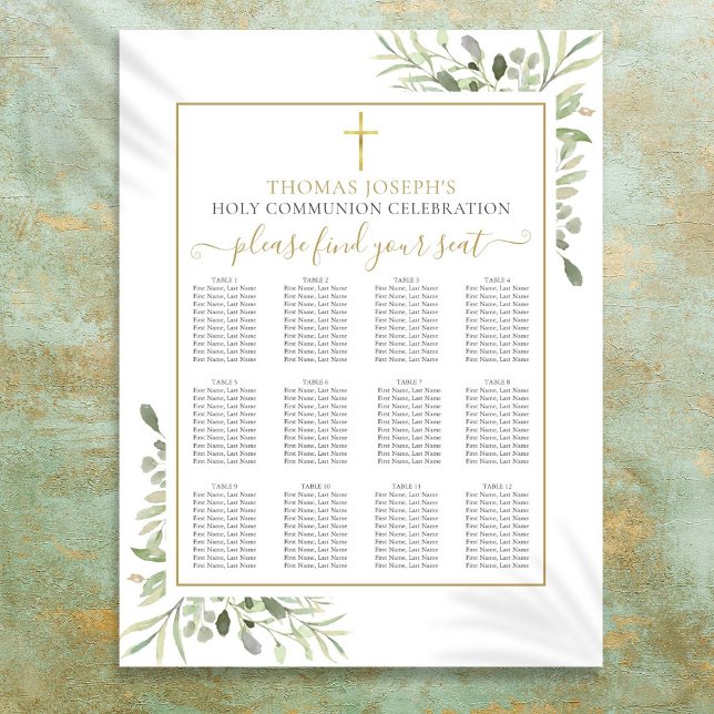 Poster Carte de siège Or de la première Sainte Communion (First Holy Communion Greenery Gold Seating Chart)