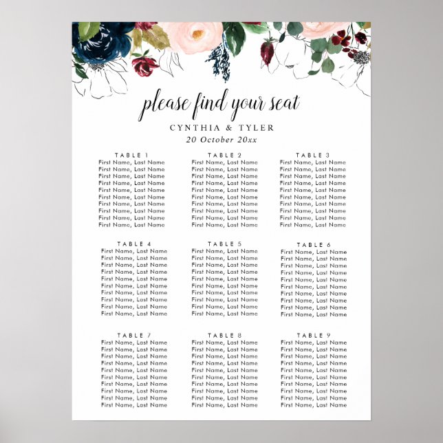 Poster carte de sièges mariages à fleurs bleu bordeaux et (Devant)