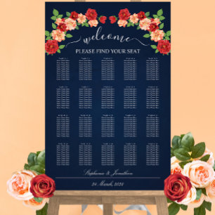Poster Carte de sièges Rose bleu marine rouge et orange