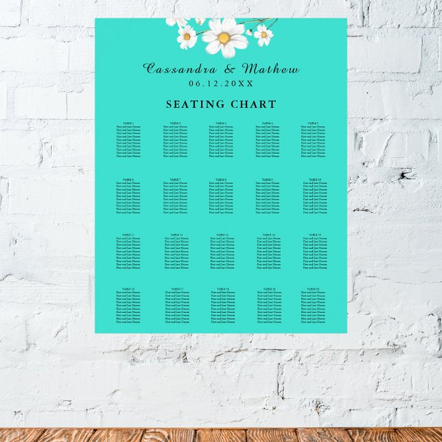 Poster Carte de sièges Turquoise Daisy Floral Mariage 200 (Turquoise Daisy Floral Wedding 200 Seating Chart)