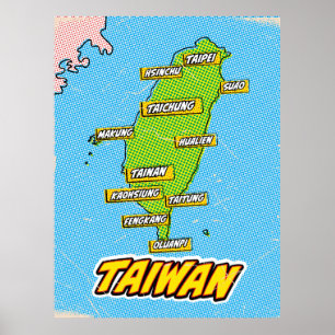 Poster Carte de Taïwan illustrée par Pop Art
