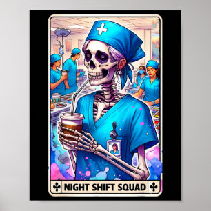 Poster Carte de tarot drôle de squelette Équipe de nuit d