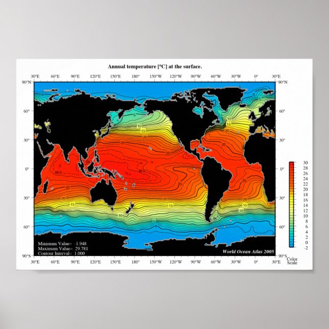 Poster Carte de température des océans du monde, détaillé (Devant)