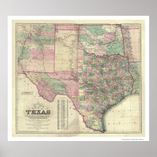 Poster Carte de territoire du Texas par Colton 1872
