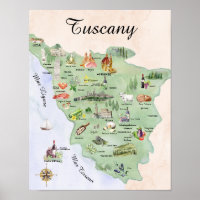 Carte de Toscane aquarelle : nourriture et monumen