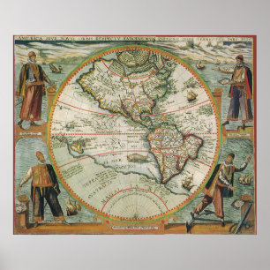 Poster Carte de Vieux Monde antique des Amériques, 1597