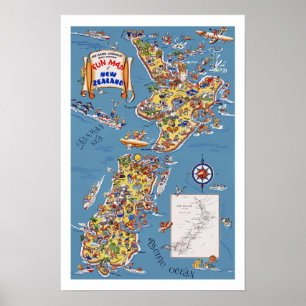 Poster Carte de Vintage voyage de la Nouvelle Zélande