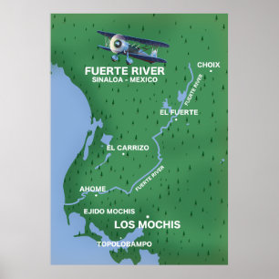 Poster carte de voyage de la rivière Fuerte Sinaloa, Mexi