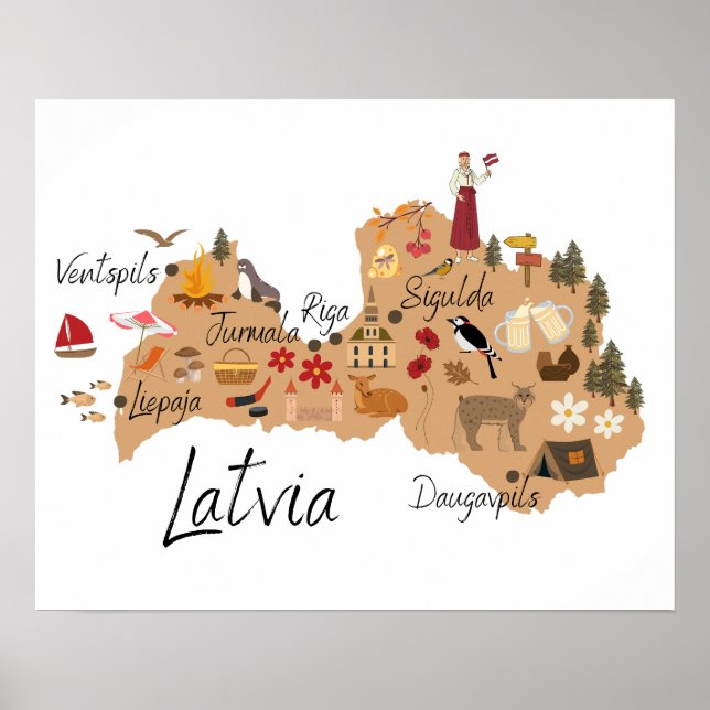 Poster Carte de voyage de Lettonie (Devant)