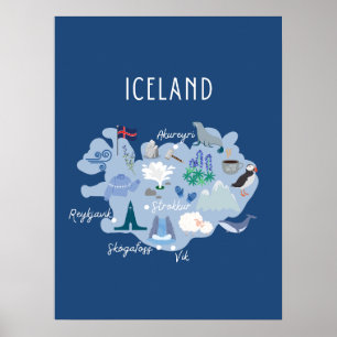 Poster Carte de voyage d'Islande bleu foncé