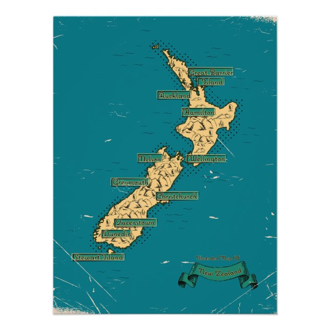 Poster Carte De Voyage Illustrée De La Nouvelle-Zélande (Devant)