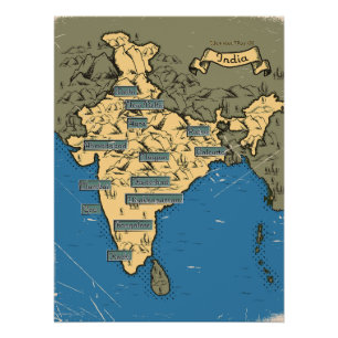 Poster Carte de voyage illustrée de l'Inde