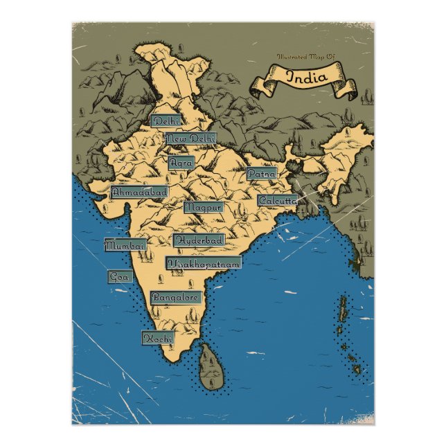 Poster Carte de voyage illustrée de l'Inde (Devant)