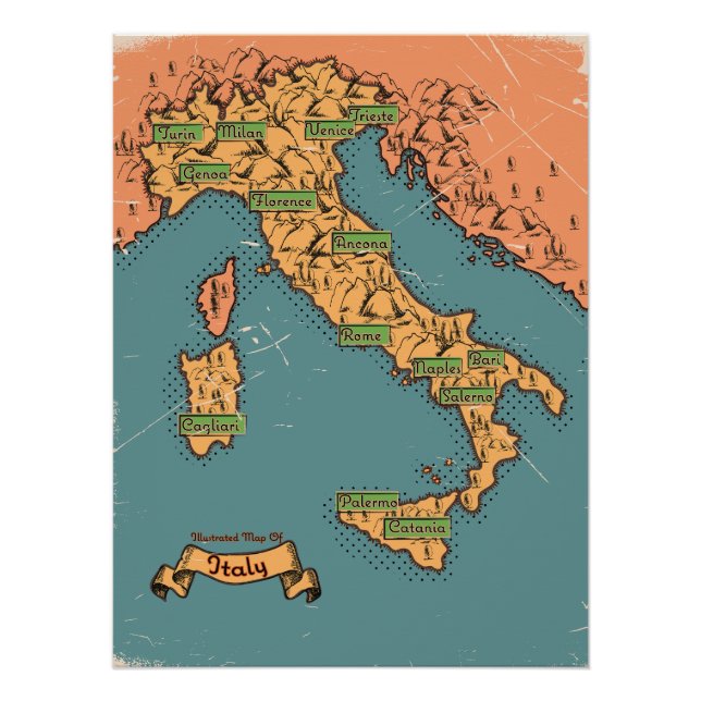 Poster Carte de Voyage Illustrée De L'Italie (Devant)