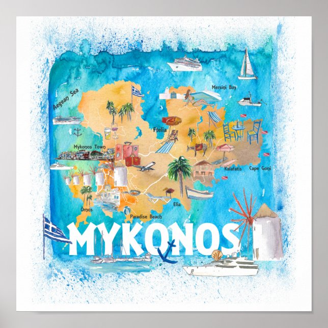 Poster Carte de voyage illustrée de Mykonos Grèce (Devant)