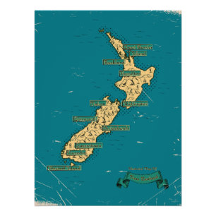 Poster Carte de voyage illustrée de Nouvelle-Zélande