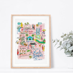 Poster Carte de voyage Kuala Lumpur Asie rose illustrativ