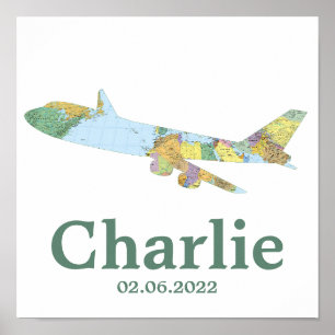 Poster Carte Décor de pépinière d'avion personnalisé