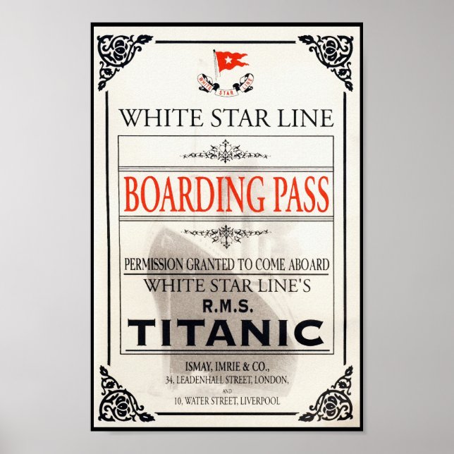 Poster Carte d'embarquement RMS Titanic White Star (Devant)