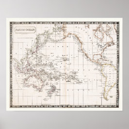 Poster Carte des années 1800 de l'océan Pacifique